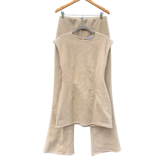 ZARA Women's 2PC Set Cream  Fitted Ribbed Top & Flared Rib Sweater Pants - Large - Picture 11 of 13